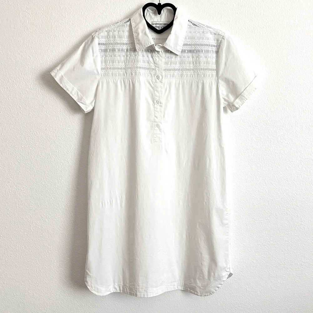 Cupcakes & Cashmere White Embroidered Cotton Collared Shirttail Mini Dress Sz S - Picture 2 of 9